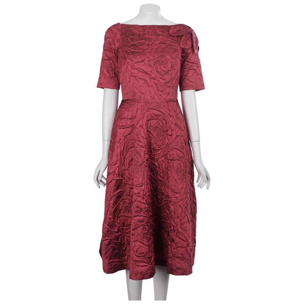 Teri Jon Rickie Freeman Dress 4 Red Jacquard Textured Fit & Flare Midi Cocktail